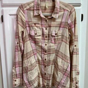 Free People Linen & Cotton Plaid Button Down Tunic Tan & Pink Size Small